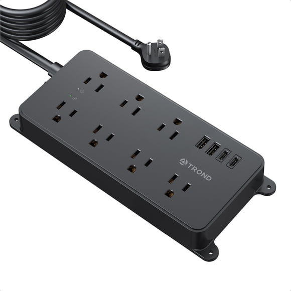 TROND 15ft Long Extension Cord USB C, ETL Listed, Thin Flat Plug Power Bar Surge Protector, 7 Multiple Outlets, Desk Strip Wall Mount, Home