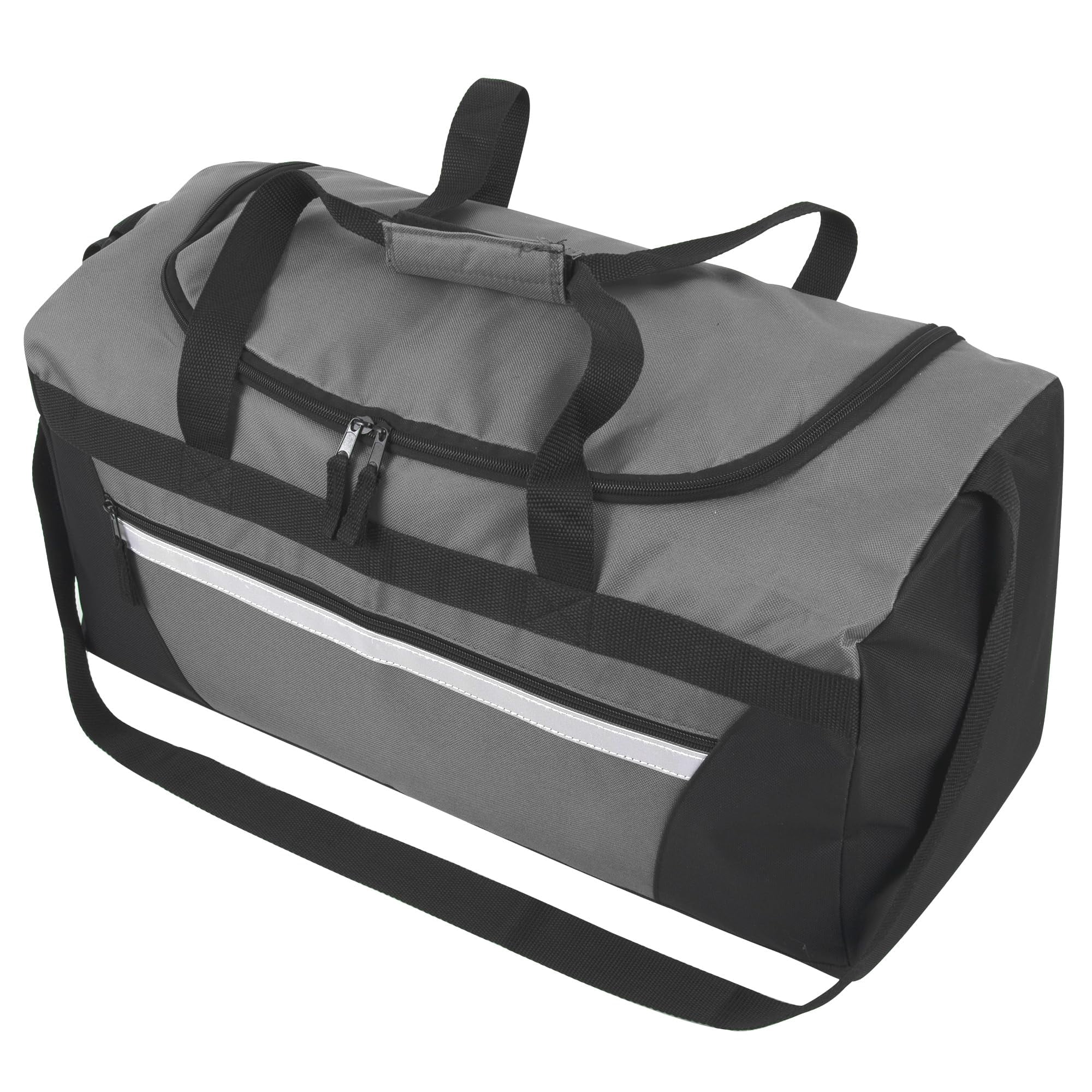 24 Pack of Bulk Wholesale 40 Liter 22 Inch Duffle Bags with Reflective Stripe, Front Accessory Pocket, Velcro Handles and Luggage Strap for Sports, Gym & Traveling in Gray