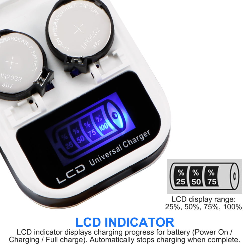 3.6V LCD EU Plug Recharging LIR2016/LIR2025/LIR2032 Button Battery Charger 