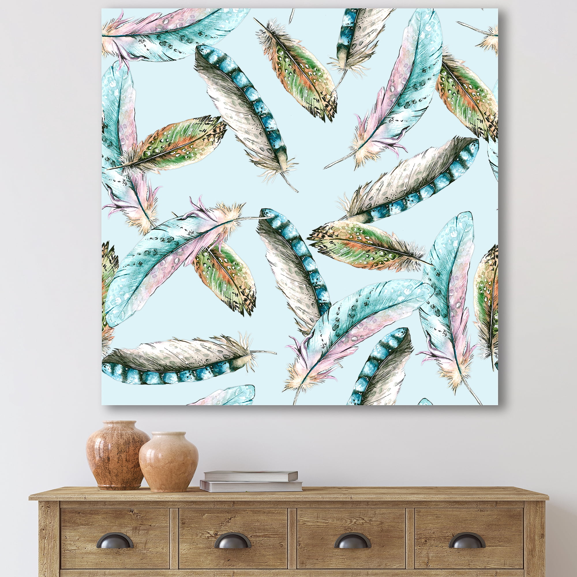 Designart ' Green Bird Feathers On Blue Background ' Bohemian & Eclectic Canvas Wall Art Print
