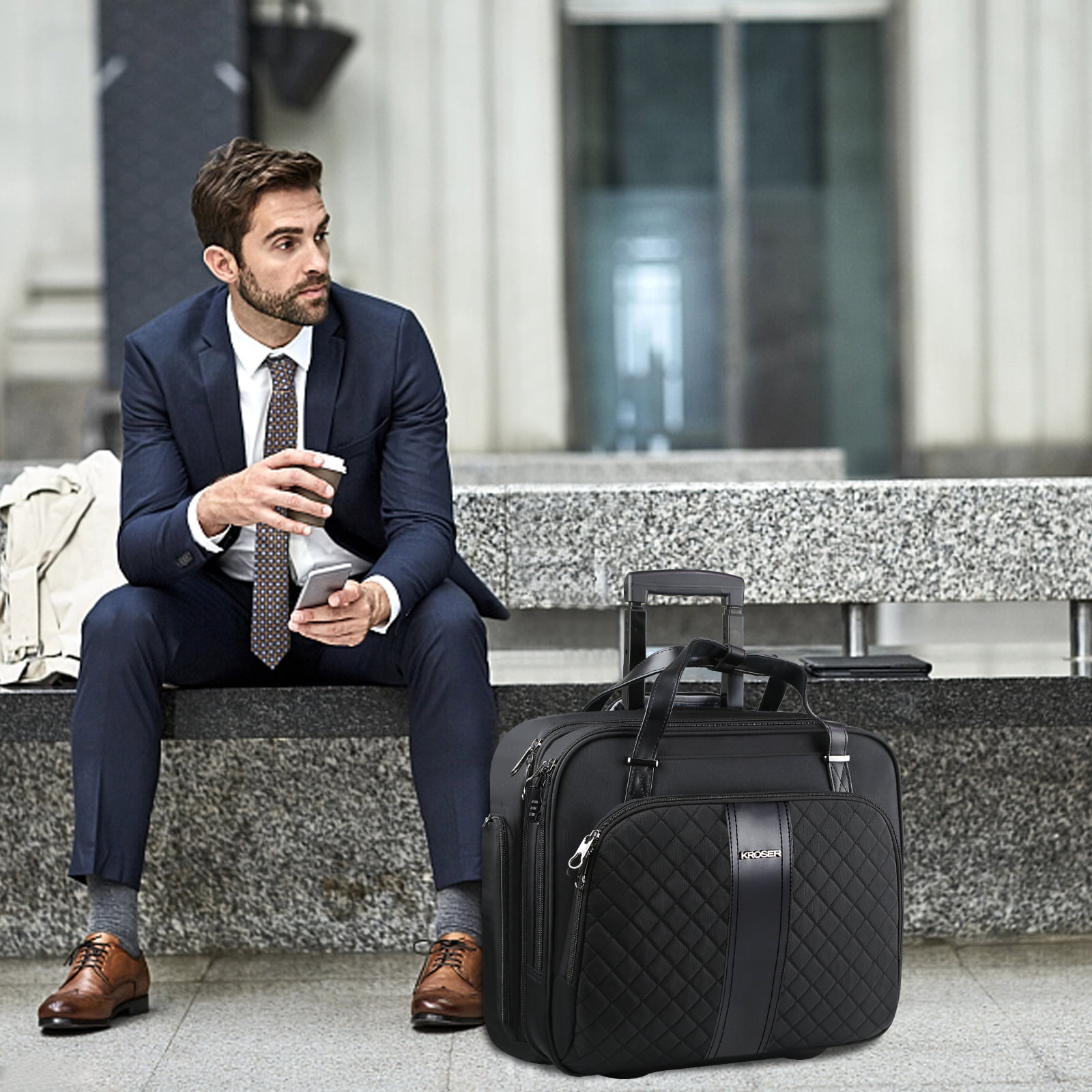 KROSER Rolling Laptop Briefcase, 15.6 Inch Fabric Laptop Bag, Black