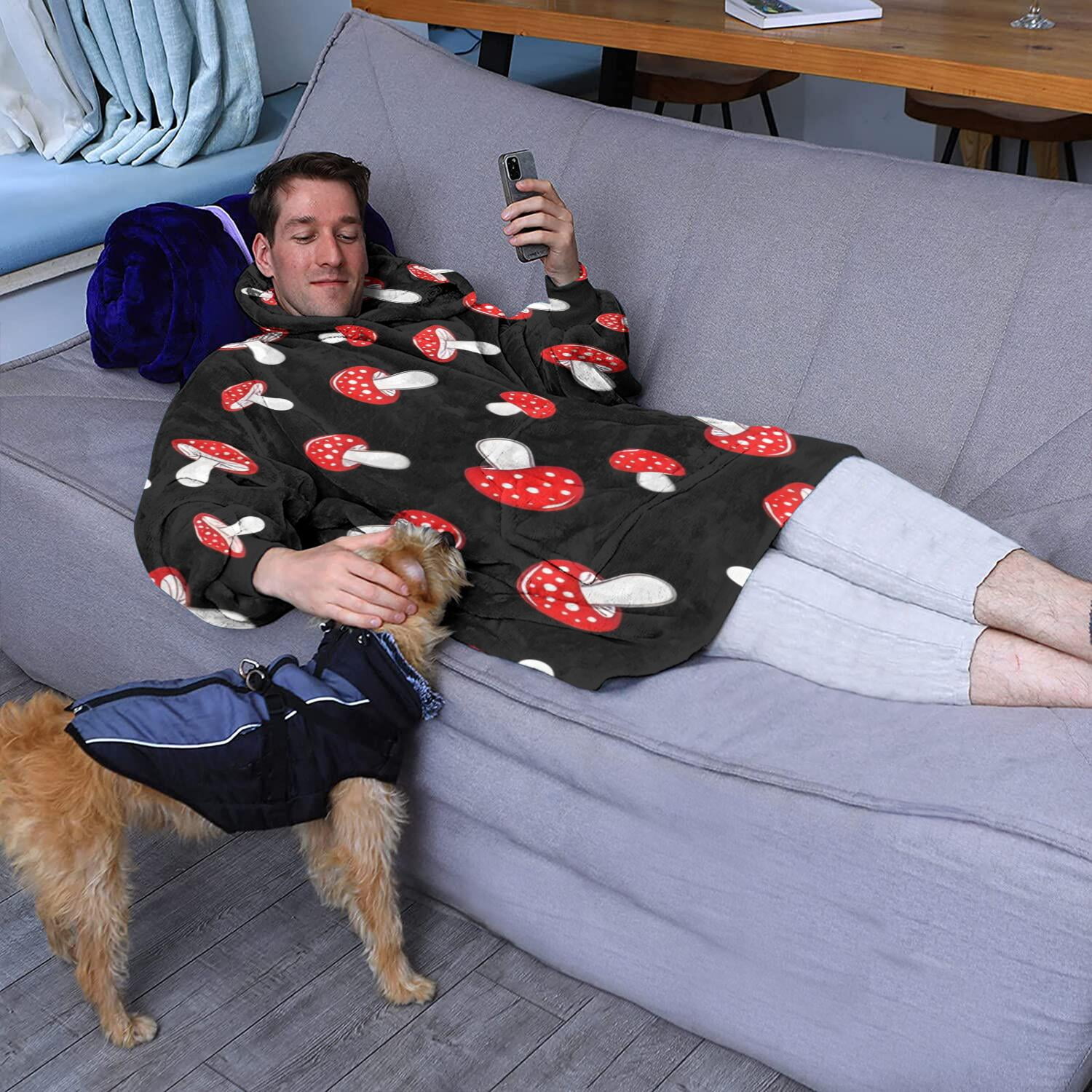 Red Mushroom Polka Dot Black Pattern Wearable Oversized Blanket,Wearable Blanket Hoodie for Adults,Cozy Hooded Blankets with Super Pockets,Super Warm Fuzzy Pullover for Women & Men