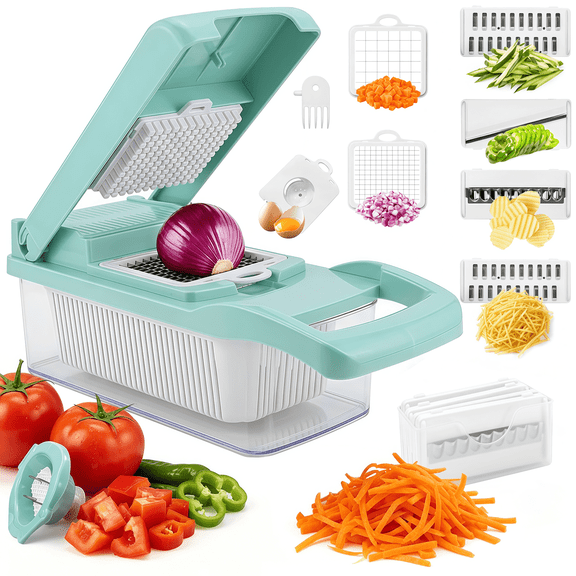 Vegetable Chopper, 15-in-1 Multifunctional Food Chopper and Onion Chopper, Kitchen Vegetable Slicer Dicer Cutter with 7 Interchangeable Blades and Container, Blue