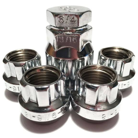 4 CHROME OPEN END BULGE 9/16 WHEEL RIM ACORN LOCKING LUG NUTS LOCKS AND 1 KEY