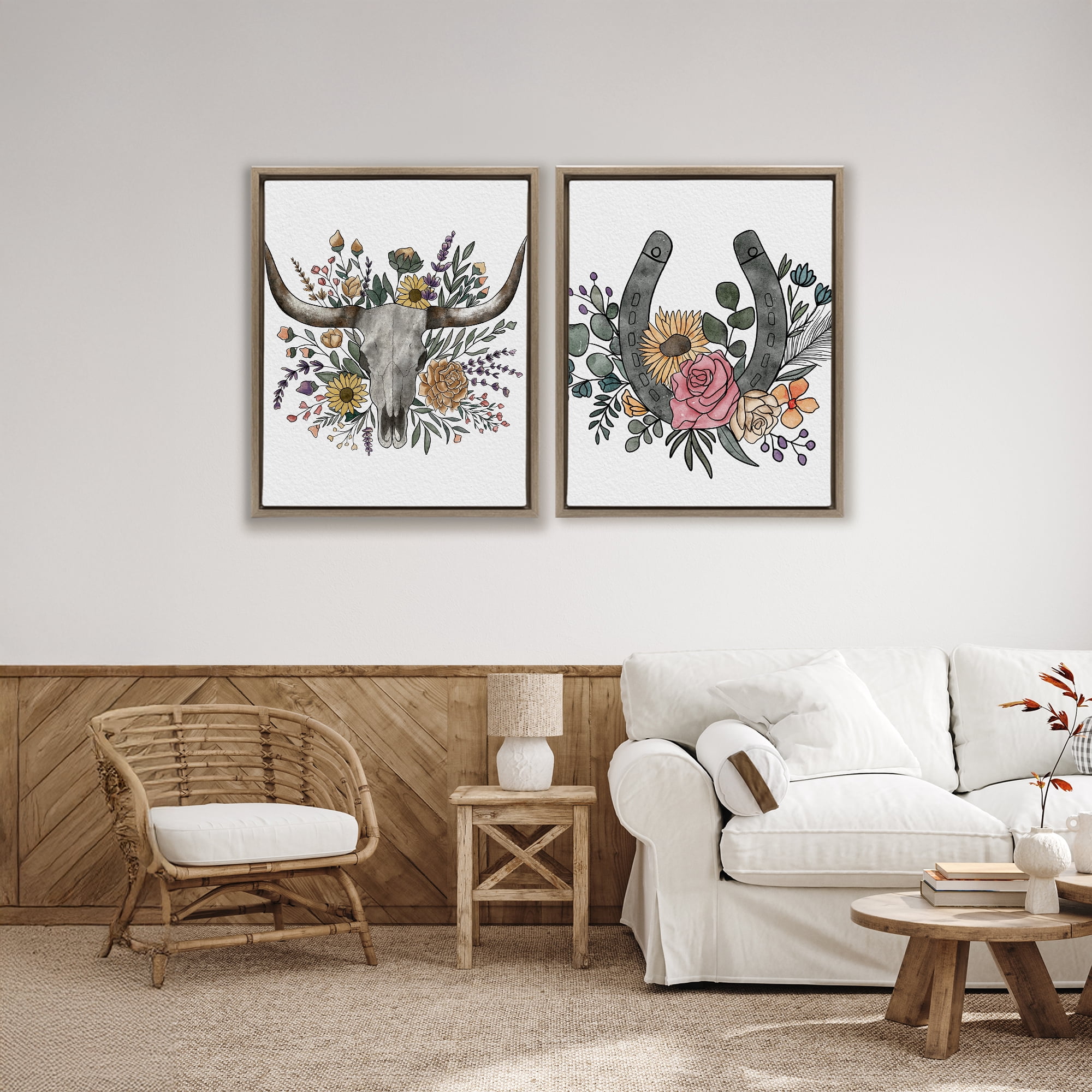 Stupell Industries Boho Longhorn & Horseshoe 2 Piece Brown Framed Floater Canvas Set, design by Alisha Kiara Design