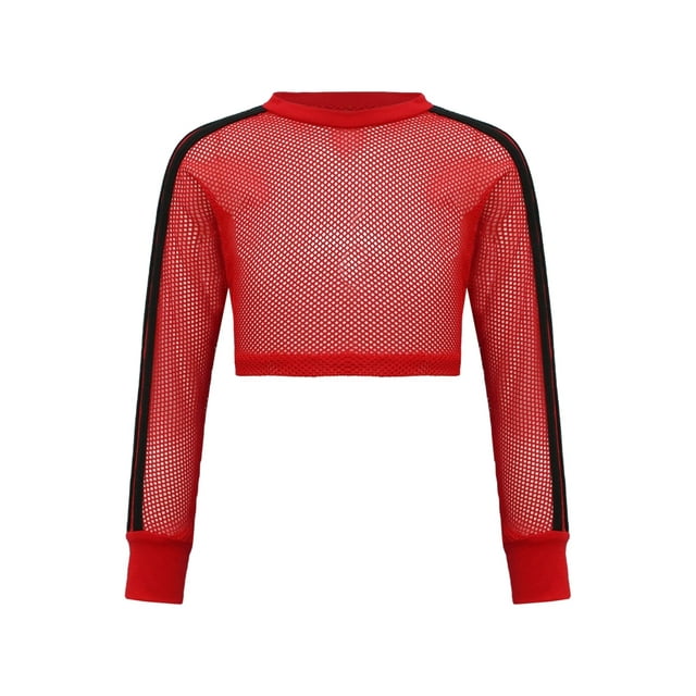 Blouse à Manches Longues en Résille Transparente pour Filles, Crop Top en Maille Transparente, T-Shirt à Col Rond Rouge 8