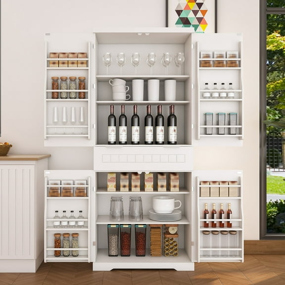 HSUNNS Pantry Cabinets with Drawer Doors, 70 Inches Tall Food Storage Cabinet with Adjustable Shelves, Freestanding for Kitchen, Dining Room, Living Room, 4 Doors