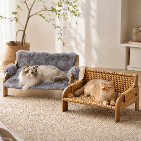 Cat Sofa Bed for Indoor Cats Elevated Cat Couch with Wooden Frame Washable Fluffy Cushion Cooling Mat Cushion Raised Pet Bed Furniture for Small Dogs & Cats Modern Cozy Kitty Lounge