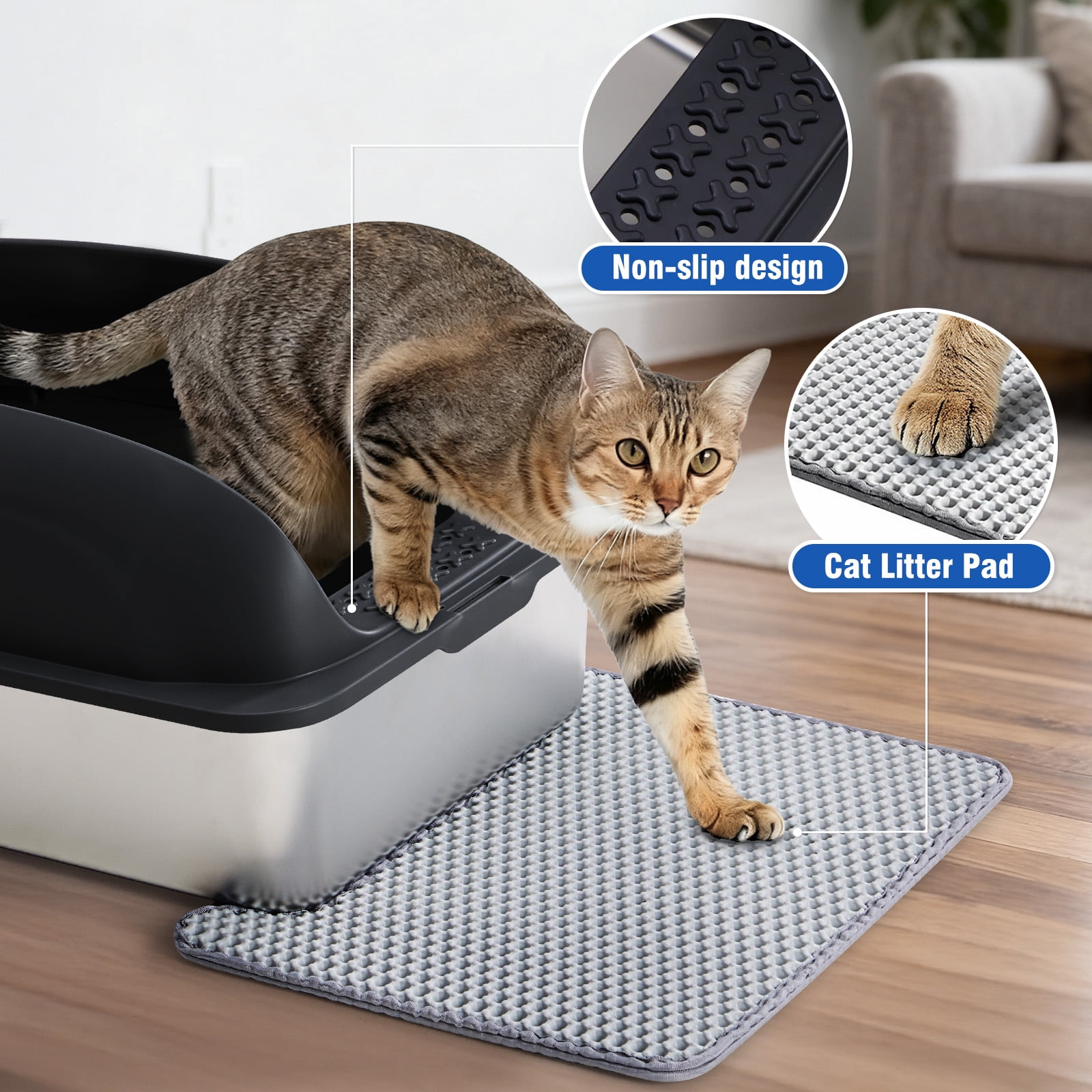 JIOABL 23.6" Cat Litter Box, Stainless Steel with Lid, Scoop and Mat, Leakproof, Anti-Slip, Black