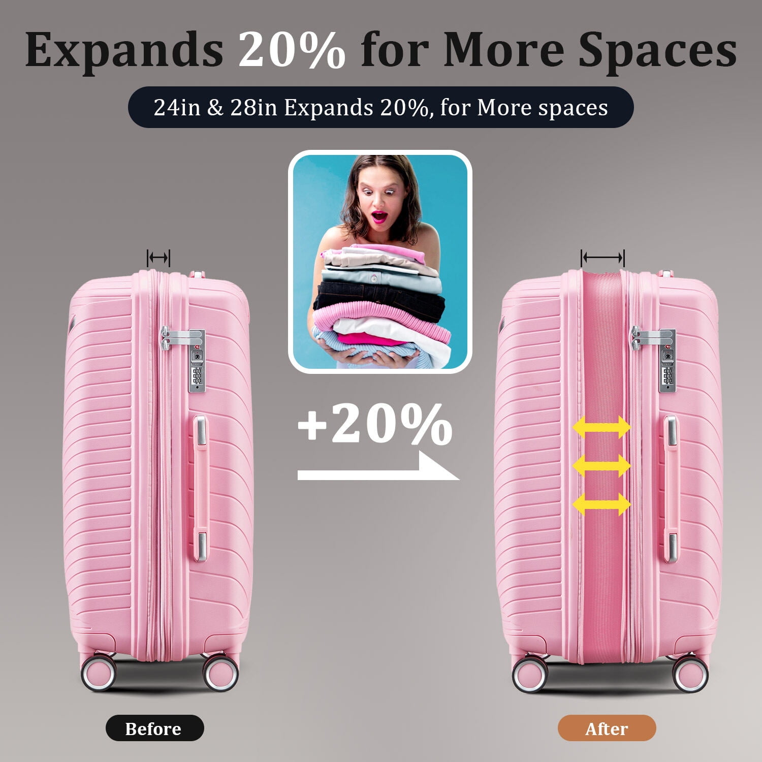 4-Piece Pink Luggage Set (14/20/24/28 Inch) - Lightweight