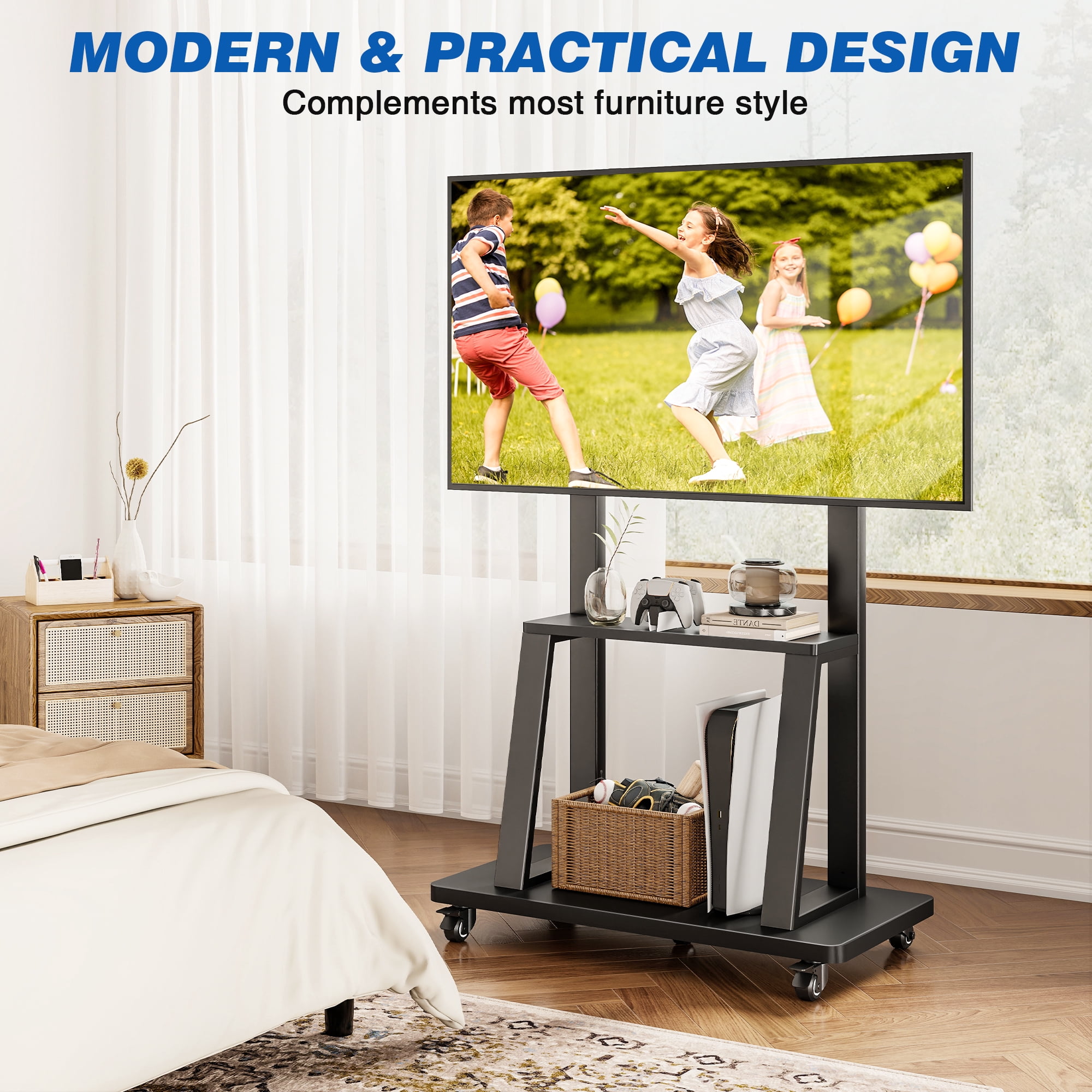 RTVR Rolling TV Cart Stand on Wheels for 40-86 inch TVs with Storage Shelves, Reinforced Wide Base up to 200lbs, Black