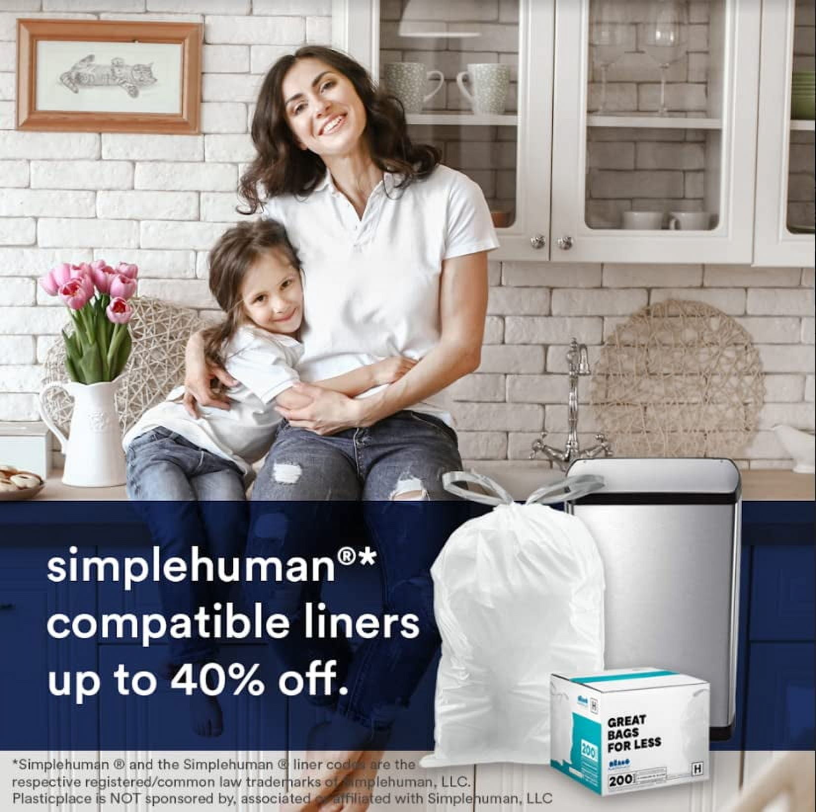 Plasticplace Custom Fit Trash Bags, Compatible with simplehuman Code J Packs, White Drawstring Garbage Liners 10-10.5 Gallon, 21'' x 28'' (20 Count/5 Pack)