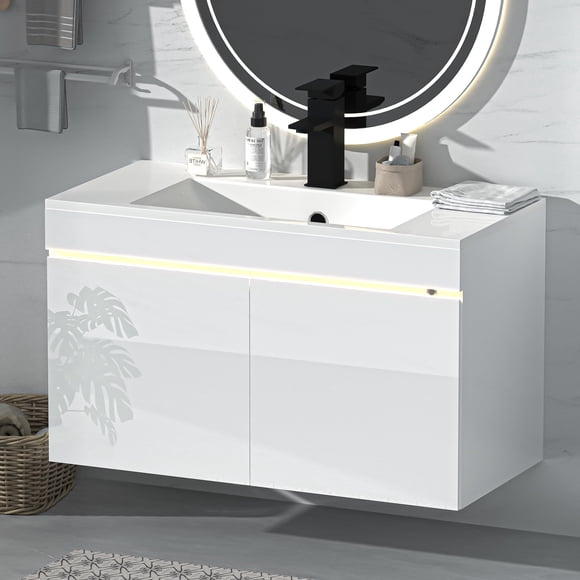Tocador de baño AHB de 76 cm con lavabo combinado de alto brillo con luz LED