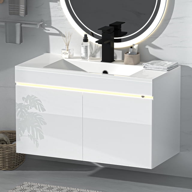 Tocador de baño AHB de 76 cm con lavabo combinado de alto brillo con luz LED