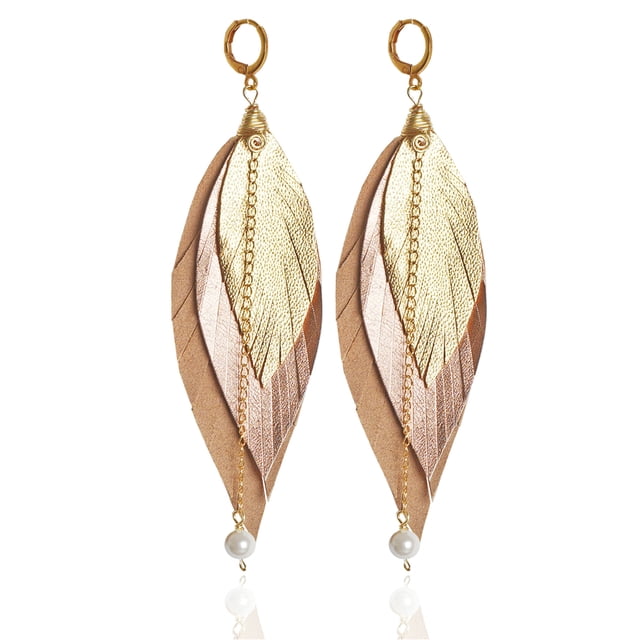 Vangania aretes largos de plumas doradas con perla mayorca joyería artesanal