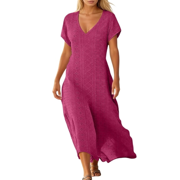 Unir Women's Summer Maxi Dress, Solid Color Eyelet Short Sleeve V-Neck Casual Dress for Daily & Travel, 1PC, S-XXL