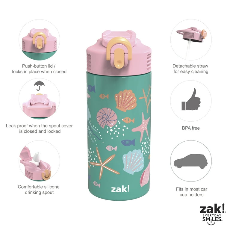 Zak Designs Shells 14 oz Double Wall Vacuum Insulated Thermal Kids Water  Bottle, 18/8 Stainless Steel, Flip-Up Straw Spout, Locking Spout Cover,  Durable Cup for Sports or Travel 