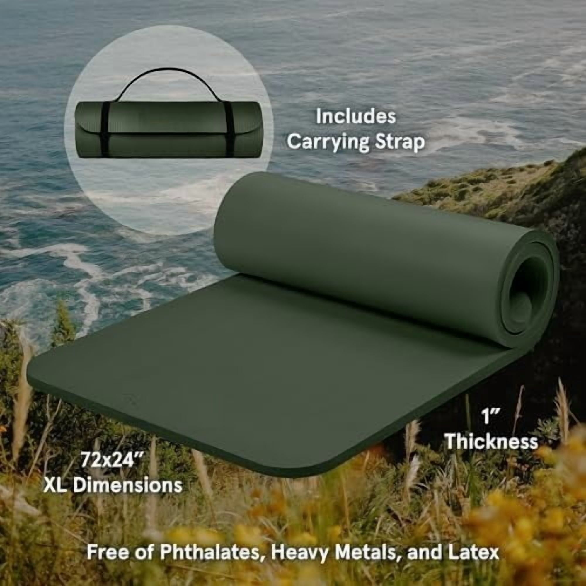 Solana Yoga Mat 1" Thick w/Nylon Strap for Men & Women - Non Slip Exercise Mat for Home Yoga, Pilates, Stretching, Floor & Fitness Workouts Wild Spruce,1 inch