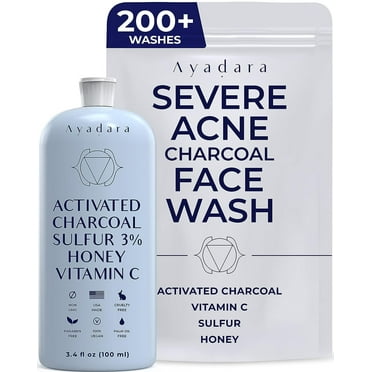 Ayadara Acne Face Wash with Charcoal & Sulfur, Cystic & Hormonal Acne Cleanser, 8 fl oz, 200 Uses