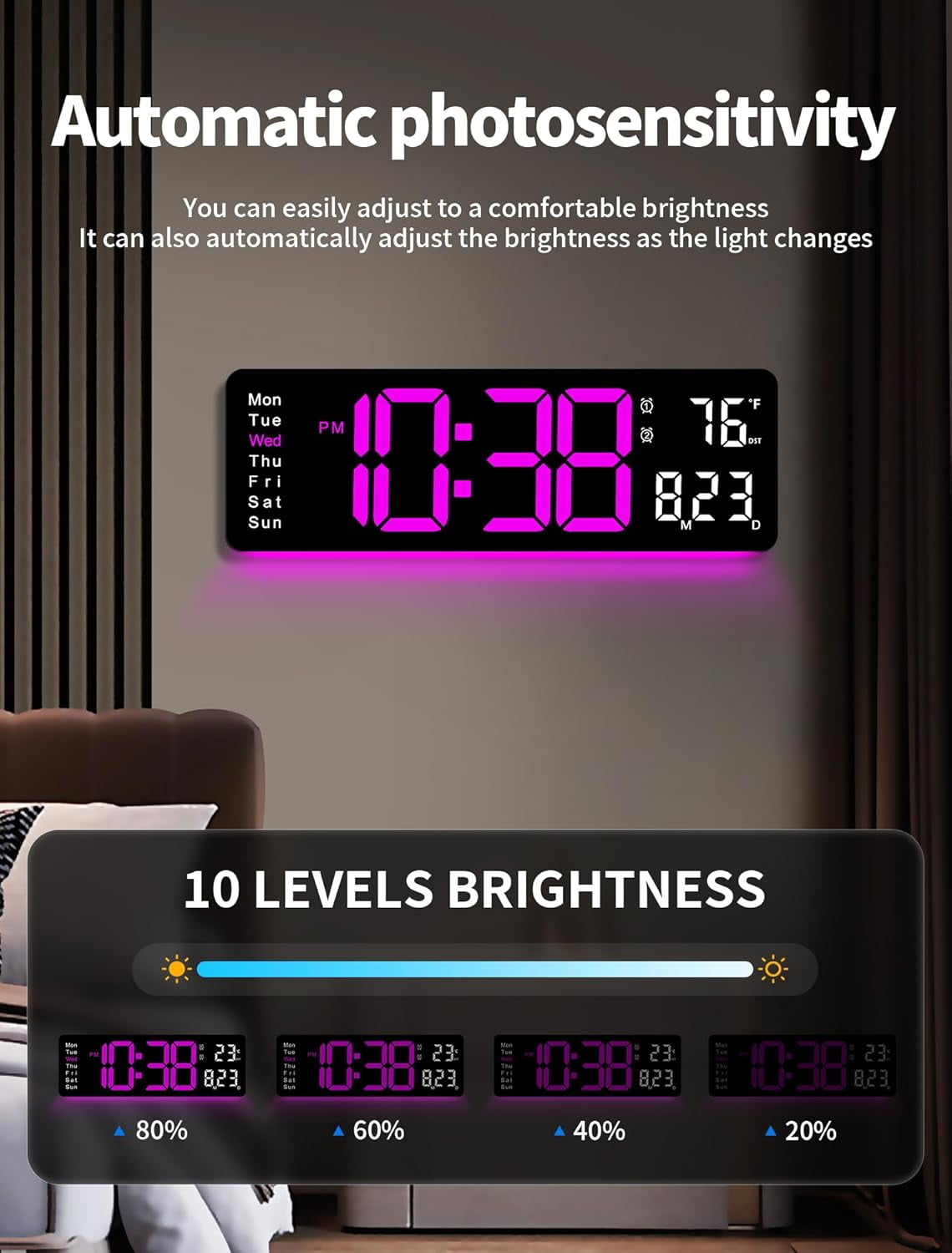 Large Digital Wall Clock with Remote Control, RGB Atmosphere Lights with 11 Scenes Mode, Dual Alarms with Big LED Display, Auto DST, Temperature for Classroom Gaming