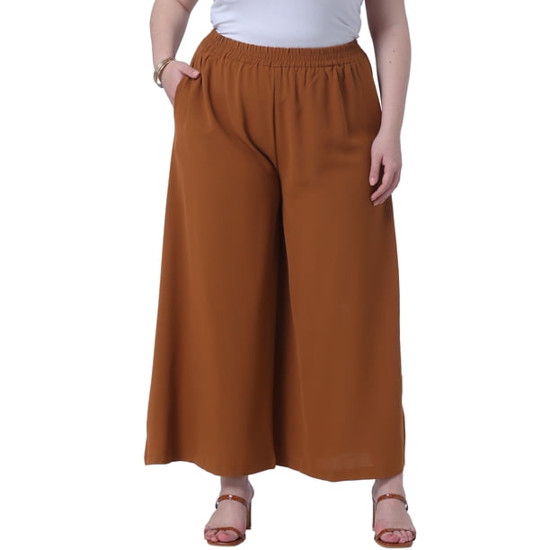 Pantalones de salón de mujer de tallas grandes GRACE & GRANDEUR, con cintura elástica, pierna ancha, estilo palazzo, con bolsillos, 1X, marrón