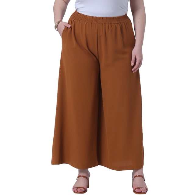 Pantalones de salón de mujer de tallas grandes GRACE & GRANDEUR, con cintura elástica, pierna ancha, estilo palazzo, con bolsillos, 1X, marrón