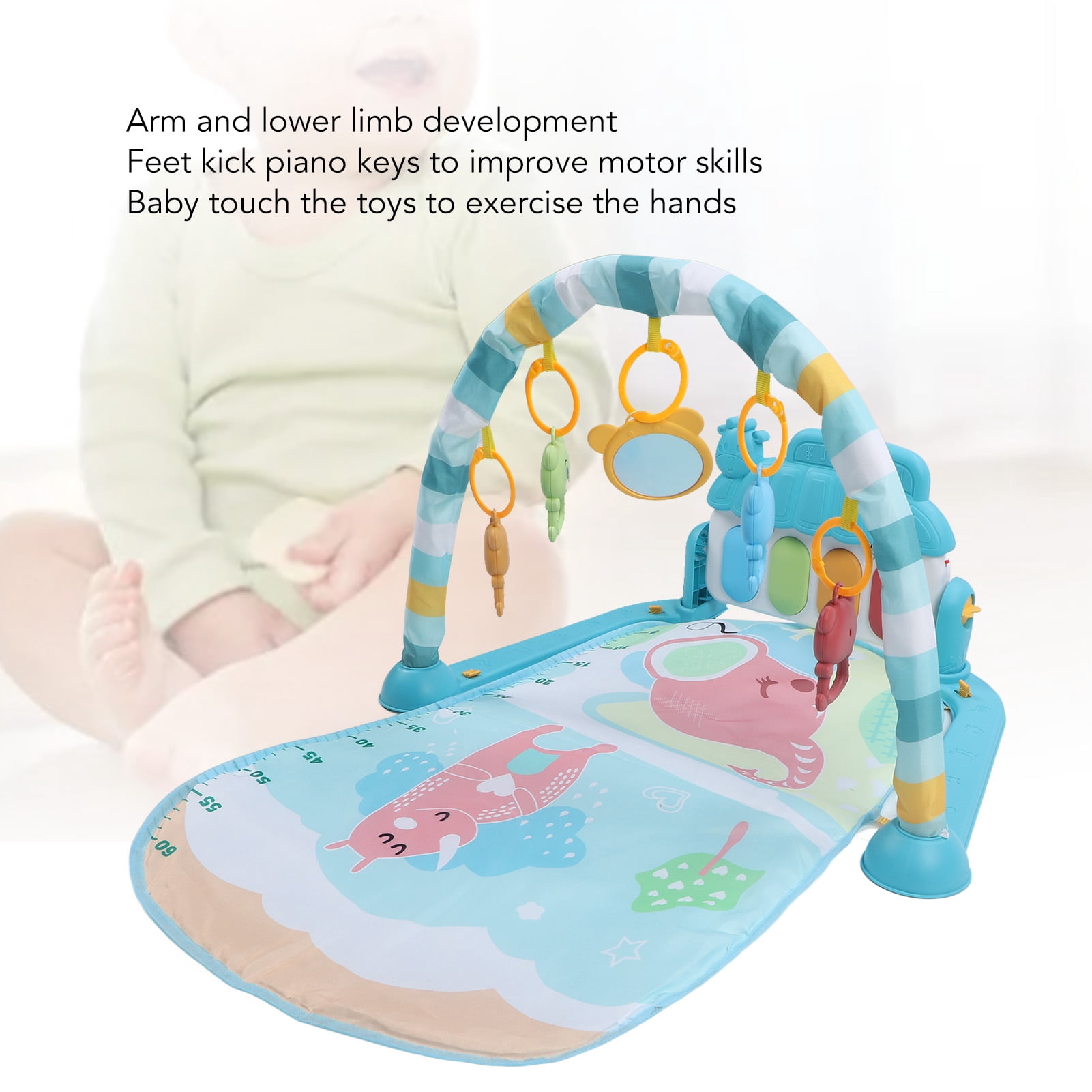 BIMZUC Baby Gyms Play Mat Infant Activity Play Piano Tummy Time Mat with Hanging Rattles Elephant and Rhinoceros Pattern, Multicolor