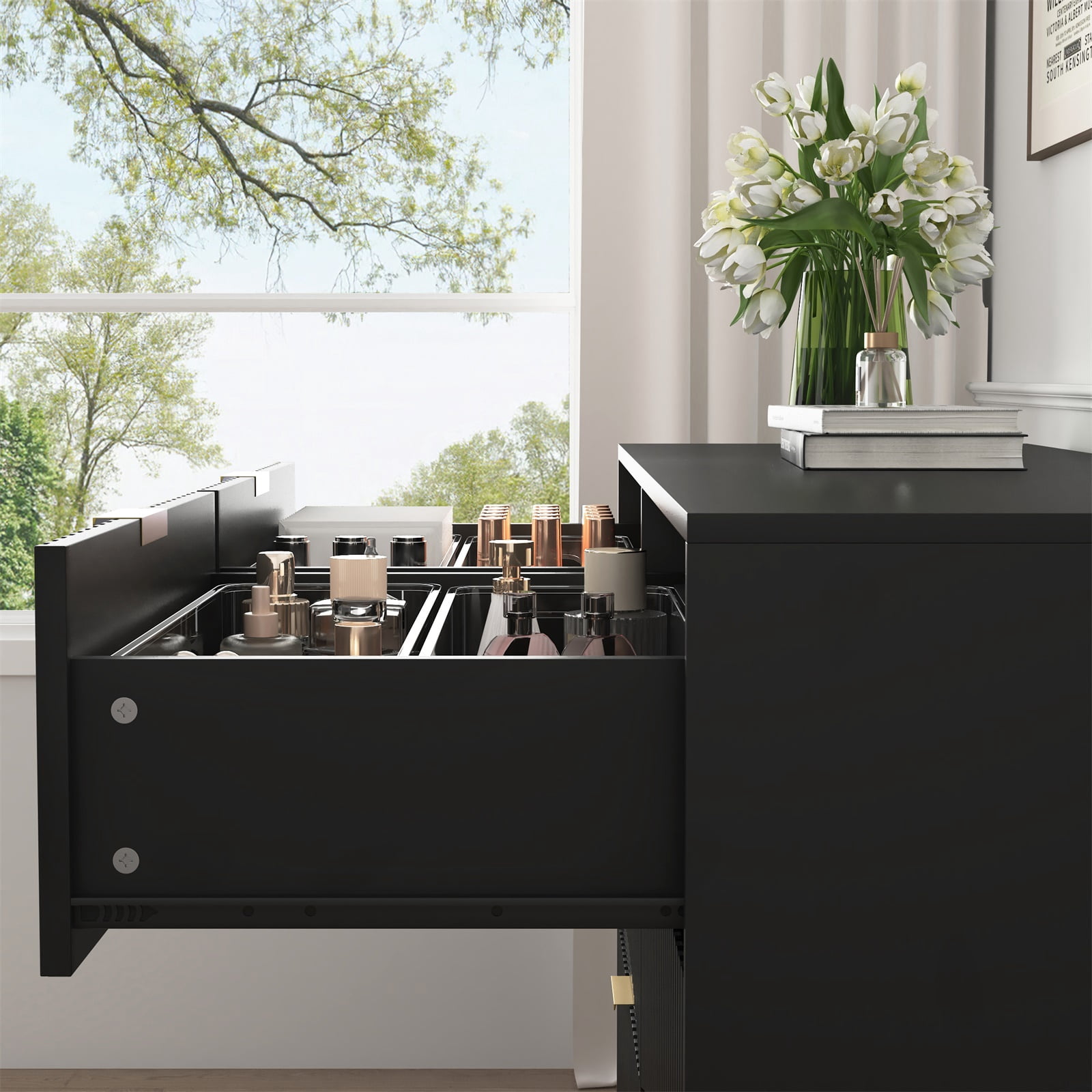 Hommoo Modern 6-Drawer Wavy Patterns Dresser Storage Cabinet Credenza, Chest of Drawers for Bedroom, Living Room, Hallway, and Entryway, Black
