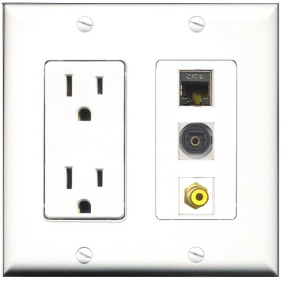 RiteAV - 15 Amp Power Outlet 1 Port RCA Yellow 1 Port Shielded Cat6 Ethernet Ethernet 1 Port Toslink Decorative Wall Plate