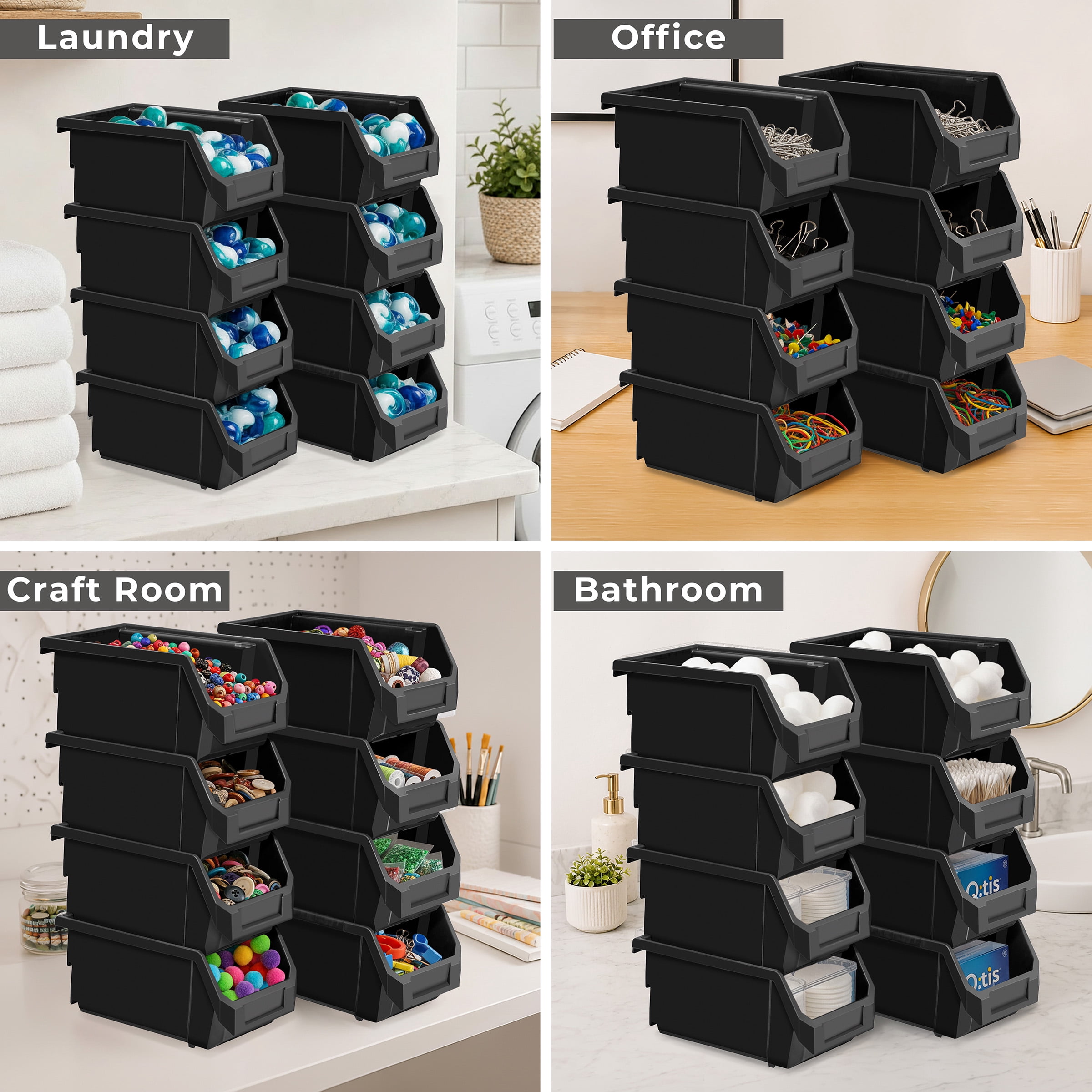 Sorbus Black Stackable Storage Bins 8-Pack, Open Front Organizers for Pantry, Closet, and Office