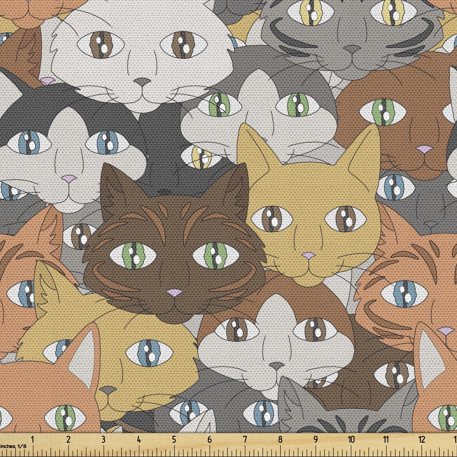 Cats Sofa Upholstery Fabric by the Yard, Background Depicting the Faces