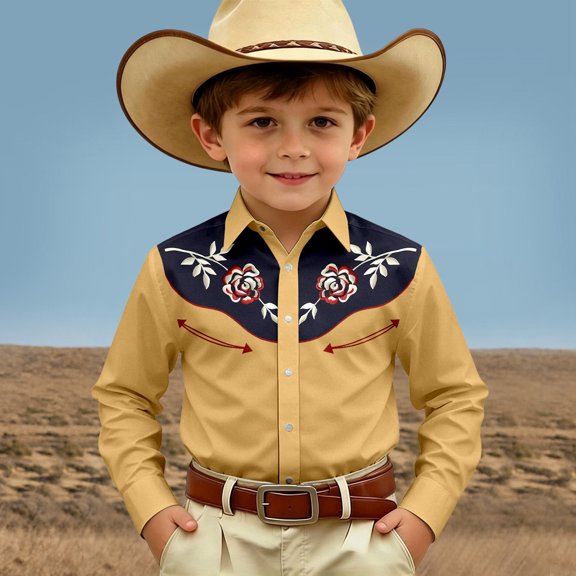 SOFTCCLO Boys Shirts Long Sleeve Lapel Collar Button Down Tops Classic Western Cowboy Print Casual Comfy Shirt for Boys Size 10-11Y