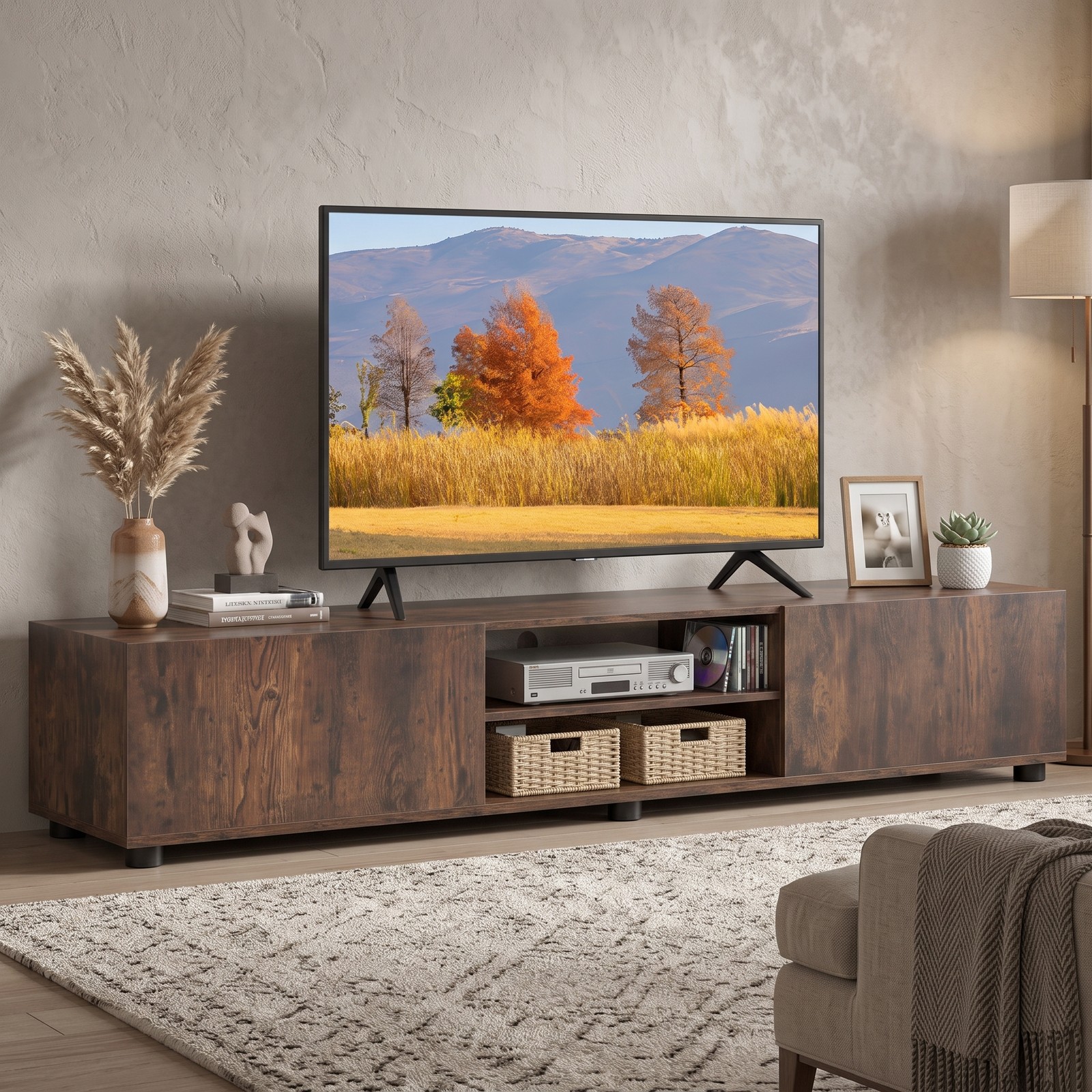 Furnibear Modern TV Stand for TVs up to 70 Inch, Minimalist Entertainment Center with 2 Doors and Open Shelves, Wood Media Console for Living Room, Rustic Brown