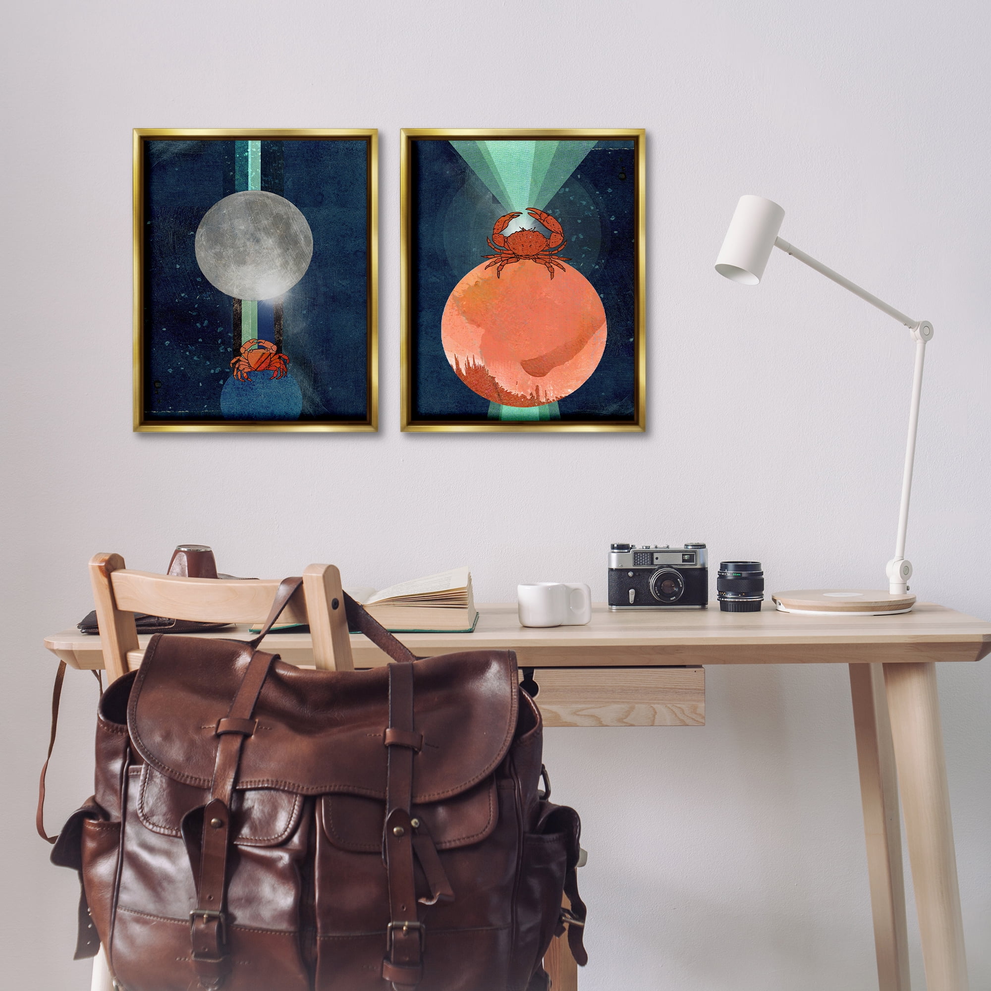 Stupell Industries Crab Orbs Light Rays Nautical & Beach Painting Gold Floater Framed Canvas Art Print Wall Art, 17 x 21, Set of 2