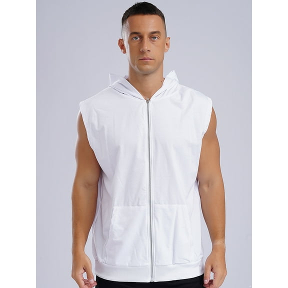Raenseen Mens Fashion Sleeveless Athletic Hoodies Sport Sweatshirt Solid Color Pullover Gym Tank Top White M
