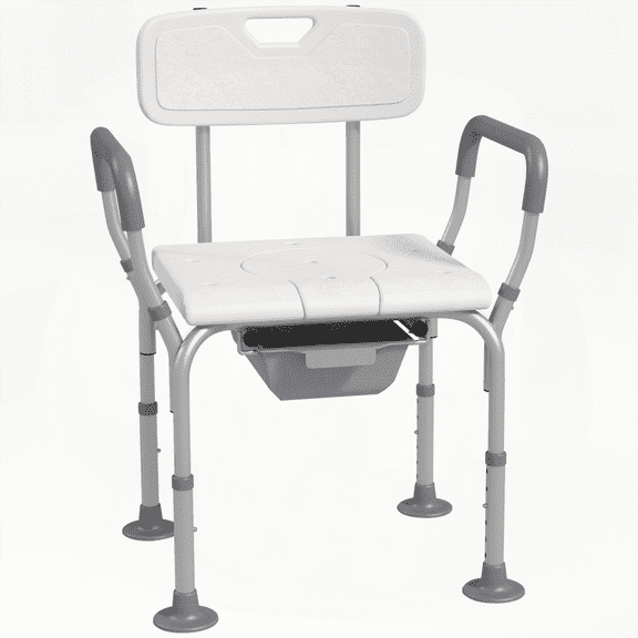 HOMCOM 1-Piece Shower Chair with Back and Arms - Solid Wood, Height Adjustable, Non-Slip - for Seniors and Disabled - White