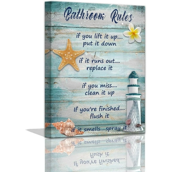 Beach Bathroom Decor Seashells Lighthouse Bathroom Decor Prints Canvas Art Funny Bathroom Sign Wall Decor Rustic Ocean Bathroom Rules Wall Decor Farmhouse Wall Art for Bathroom Framed 12x16inch