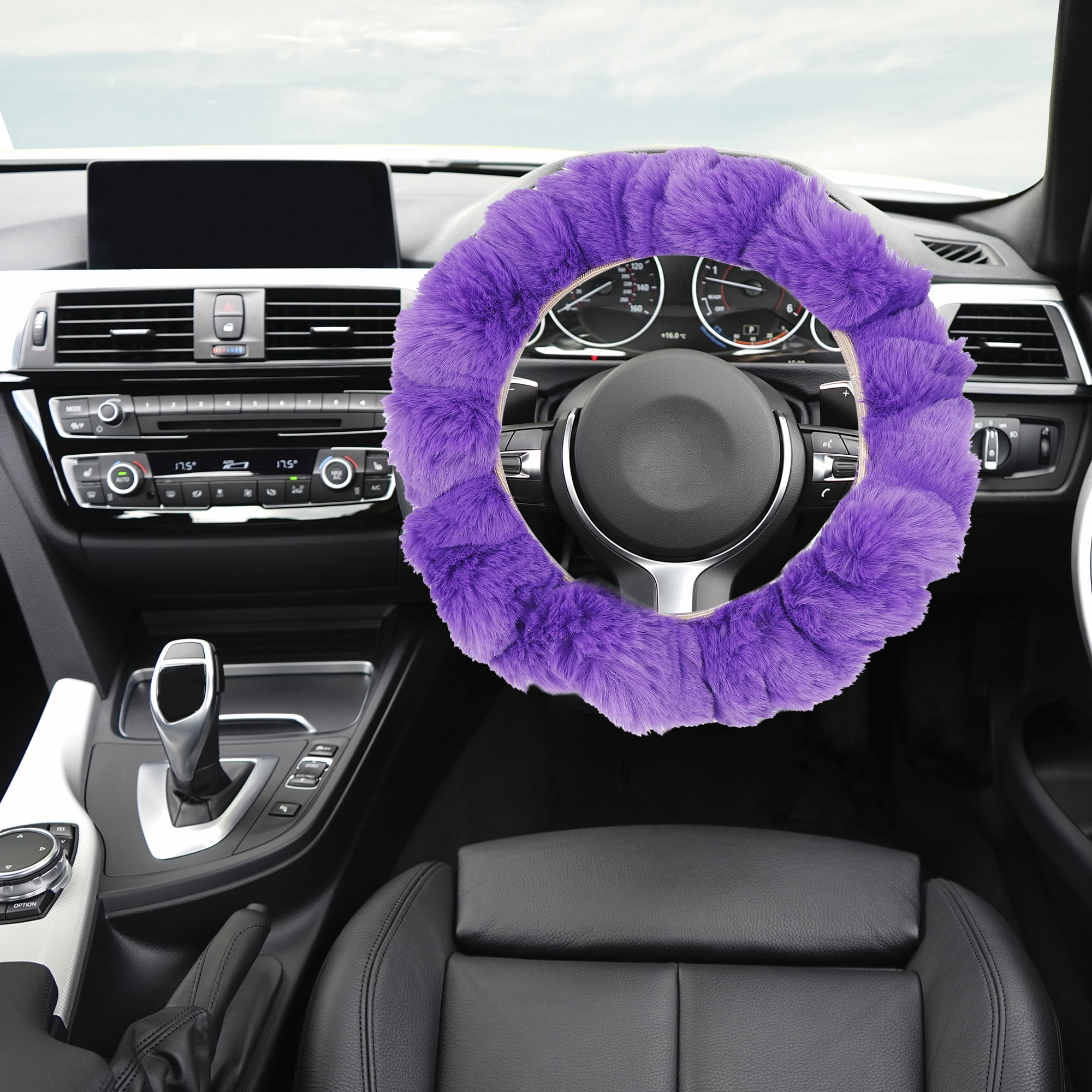 Unique Bargains Winter Warm Durable Faux Fur Car Steering Wheel Cover Replacement Purple