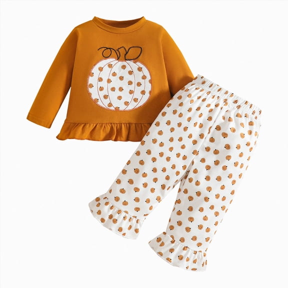 HCNTES Toddler Girls Fall Seasonal Outfits Pumpkin Print Embroidery Long Sleeve Shirt and Elastic Pants Set Baby 2 Piece Clothes (Orange,12-18 Months)