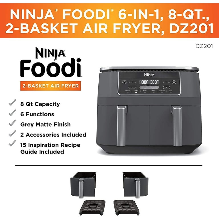Ninja DZ201 Foodi 6-in-1 2 Basket Air Fryer with DualZone Technology, 8  Quart Capacity and a (Dark Gray Stainless Finish)- Refurbished