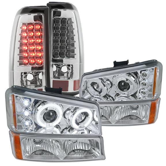 Spec-D Tuning Chrome Halo Projector Headlights   Bumper Lights   LED Tail Lamp Compatible with 2003-2006 Chevy Silverado Left   Right Pair Headlamps Assembly