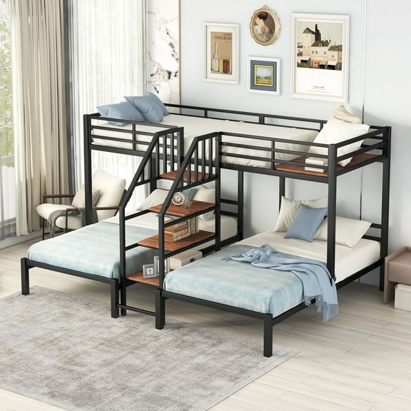 DreamBuck Metal Triple Bunk Bed with Storage Shelves Staircase, Twin over Twin over Twin Bunk Bed, Heavy Duty Bunk Bed for Teens, Adults, Space Saving Bunk Bed for Bedroom, Dorm, No Box Spring Needed