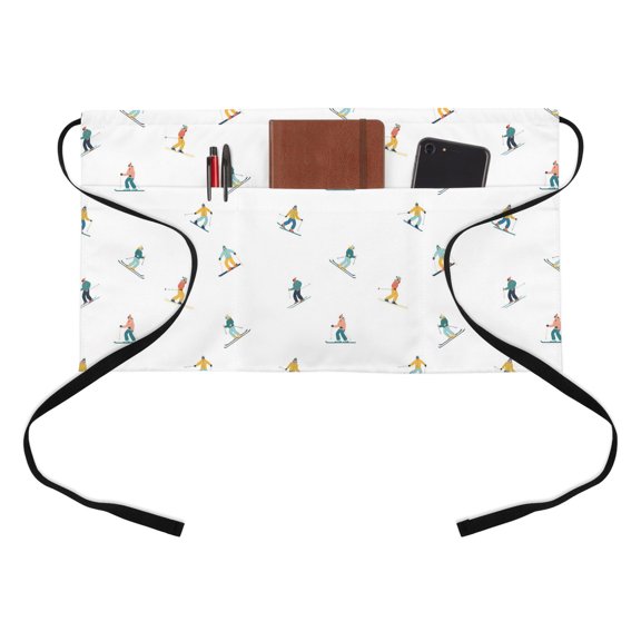 Skiing Players Kitchen Restaurant Half Waist Apron, Modern Abstract Cartoon Skiers Winter Skiing Sports Server Short Apron with 3 Pockets Waterproof Oil Waist Aprons for Women Waitress Waiter