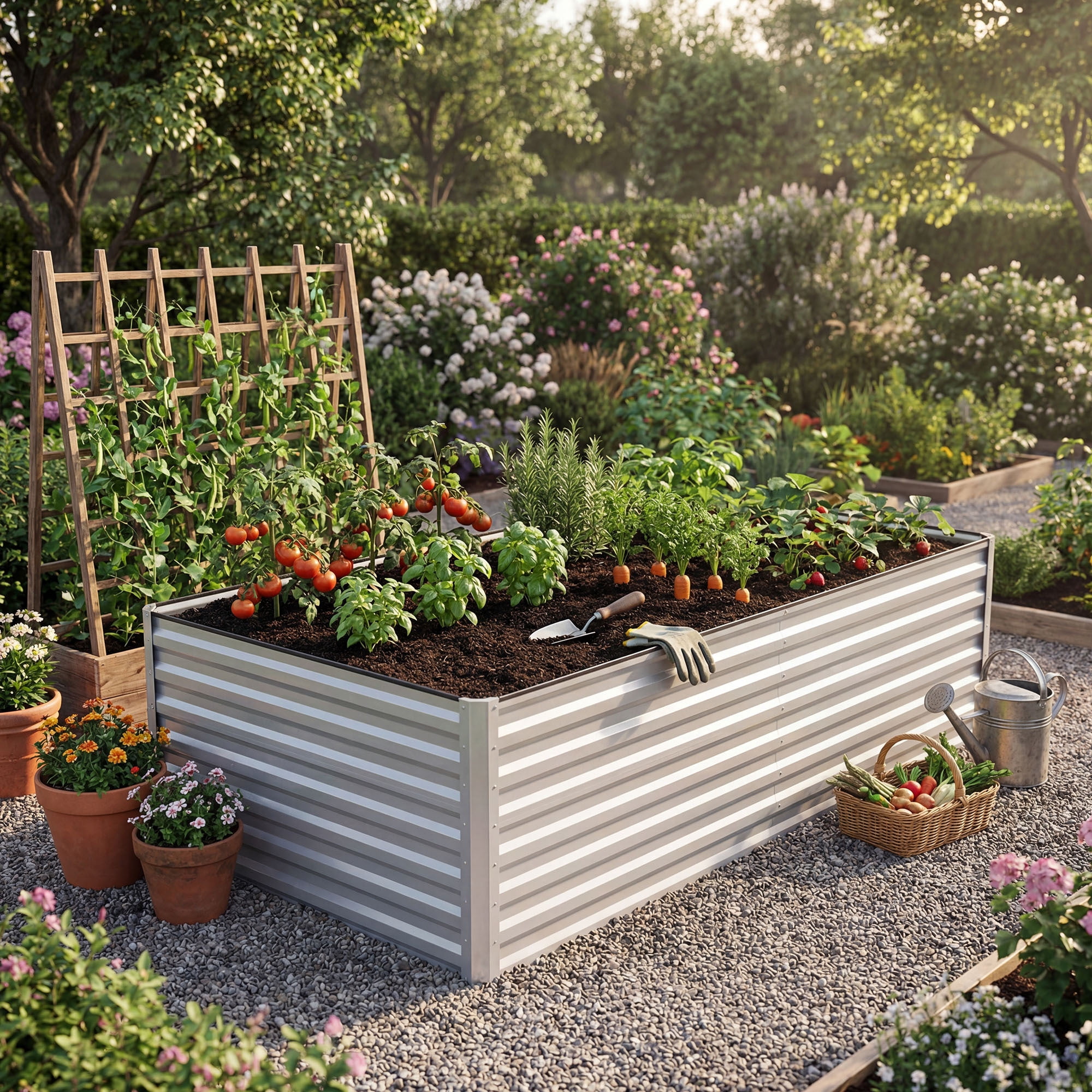 Uforic 2PCS 6X3X2FT Galvanized Metal Raised Garden Bed Kit with Gardening Gloves, Ground Nails & Support Rod, Outdoor Above Ground Planter Box for Plants Vegetables Flowers, Silver