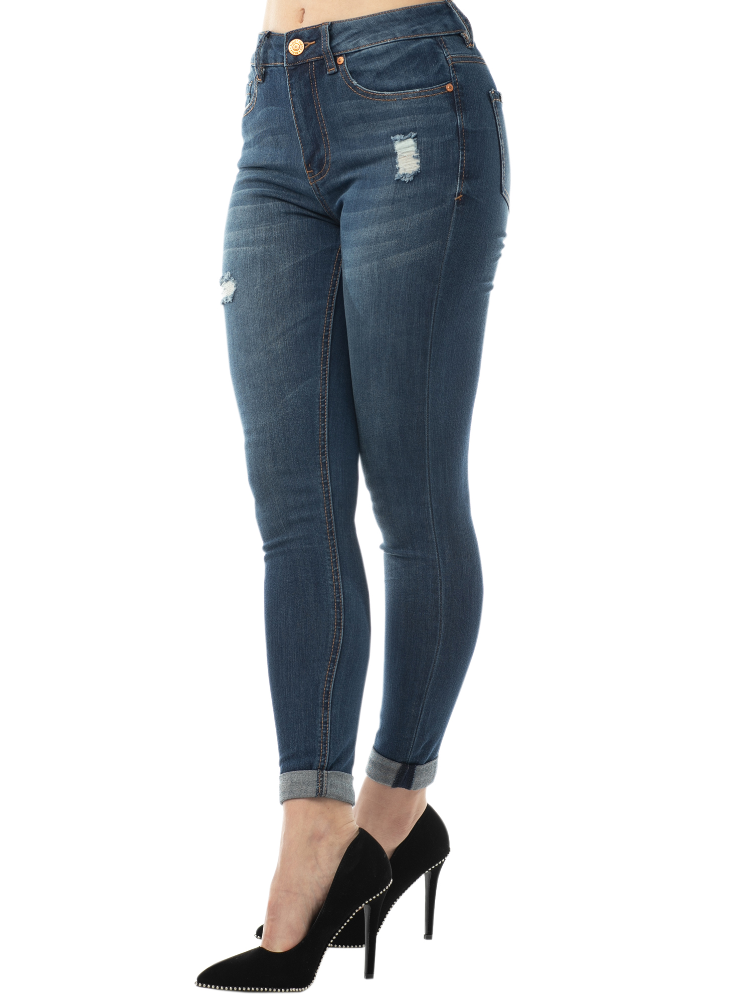 Almost Famous Women/'s Juniors Mom Jean Double Rolled Slim Leg