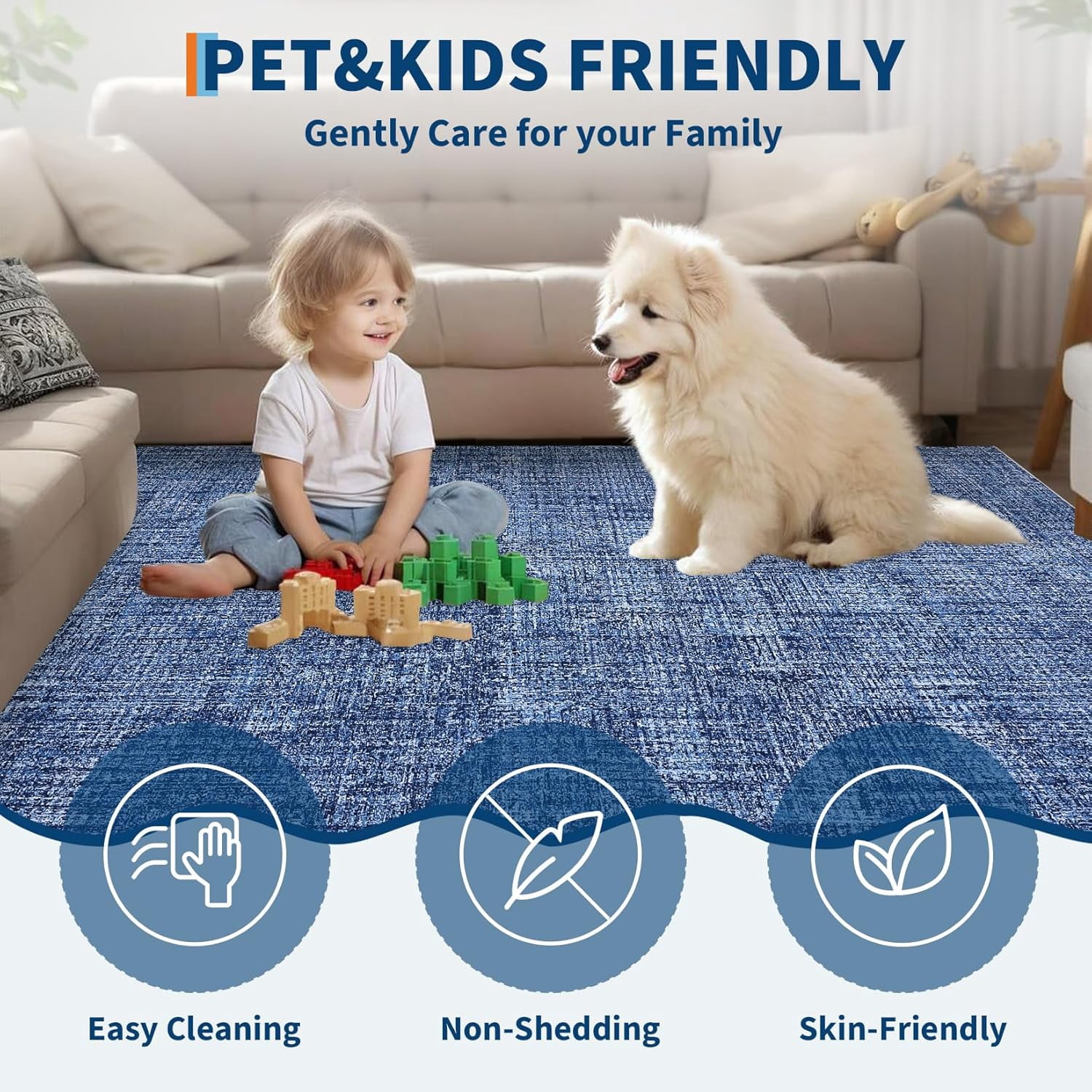 Memoryfield 9' x 12' Washable Area Rug, Stain-Resistant Low Pile Non Slip Carpet, Floor Mat for Living Room Bedroom Home Office, Blue