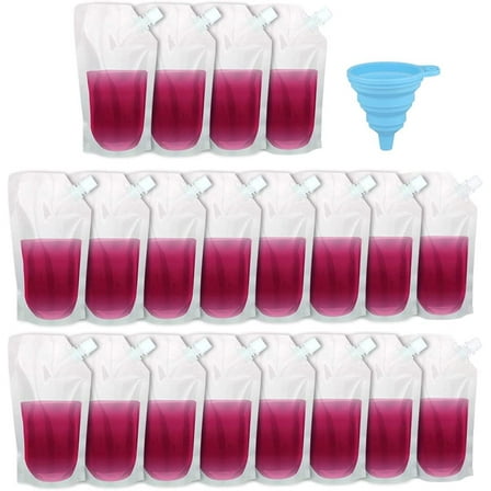 20 Pcs Drink Pouches for Adults & Kids, Plastic Drink Bags with Funnel, Reusable Liquor Bag Concealable Alcohol Flask (16oz), Transparent
