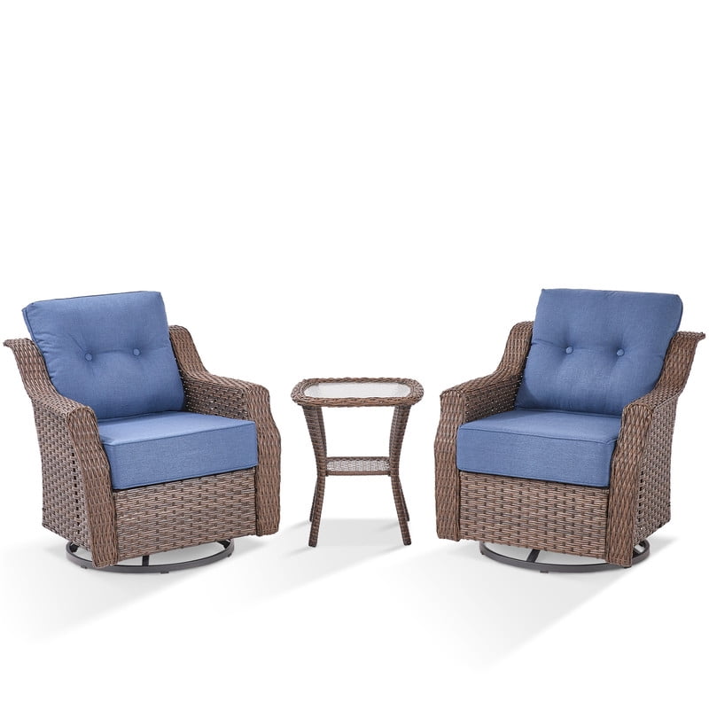 PARKWELL 3-Piece Outdoor Swivel Rocker Chair with Side Table,All-Weather Rattan Swivel Glider Rocking Lounge Chair,Patio Bistro Set for Porch Deck Backyard,Brown/Navy