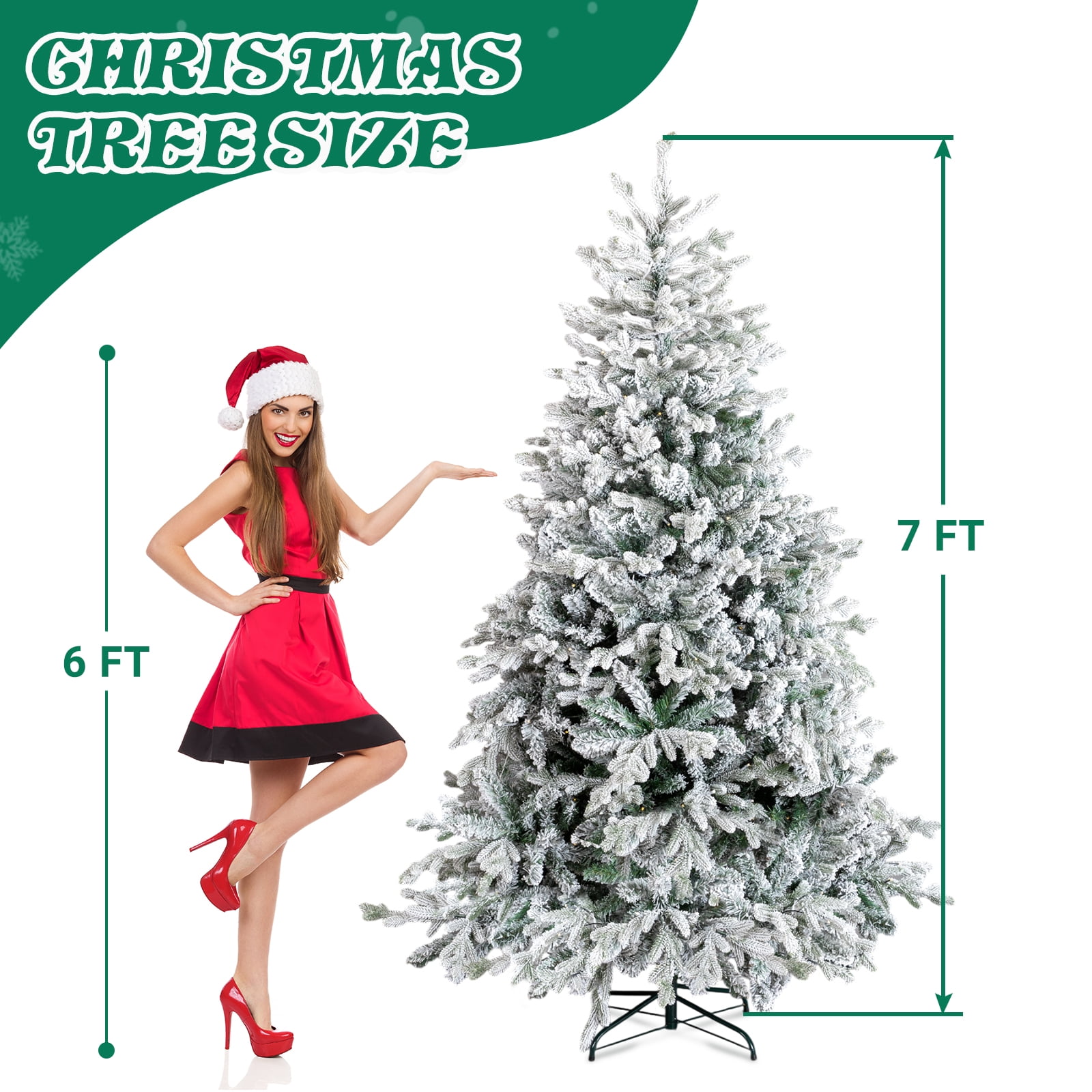 Astoutdoor 7 ft Pre-lit Snow Flocked Christmas Tree with 1100 Branch Tips and 400 Lights, Snow Flocked Green