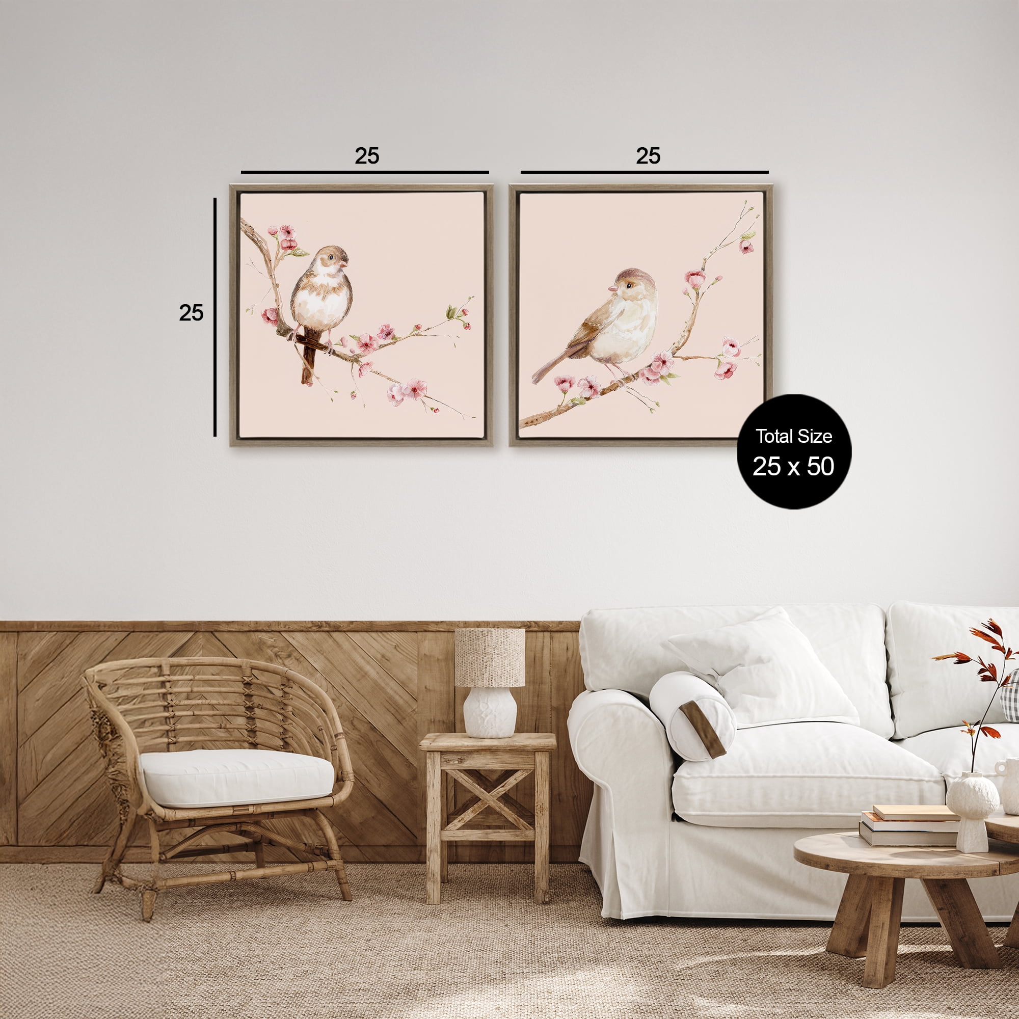 Sweetest Brown Birds Branch 2 Piece Brown Framed Floater Canvas Set, design by Lisa Wehmeyer